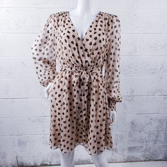 KATE SPADE Heartbeat Silk Faux Wrap Dress Tan Black Hearts Belted V-Neck Size 10 - Picture 1 of 14